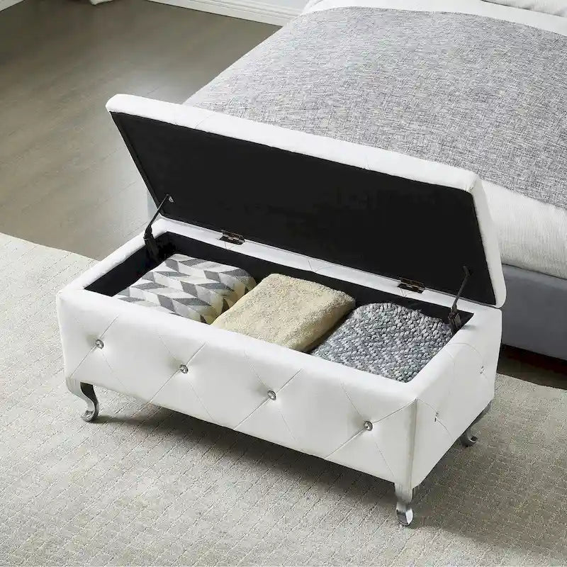 Upholstered Storage Ottoman Bench For Bedroom End Of Bed Faux Leather Rectangular Storage Benches Footrest With Crystal Buttons