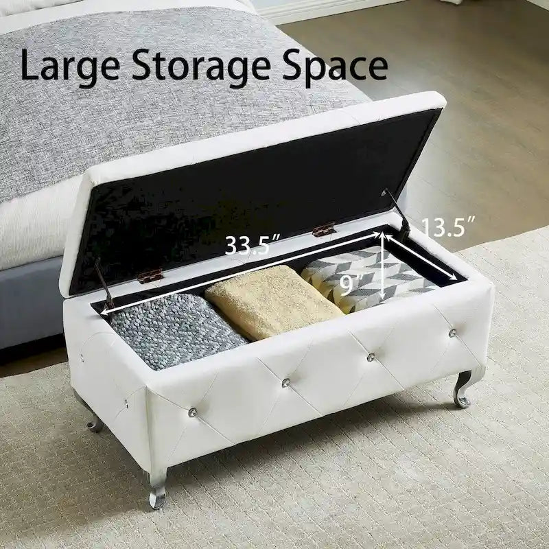 Upholstered Storage Ottoman Bench For Bedroom End Of Bed Faux Leather Rectangular Storage Benches Footrest With Crystal Buttons
