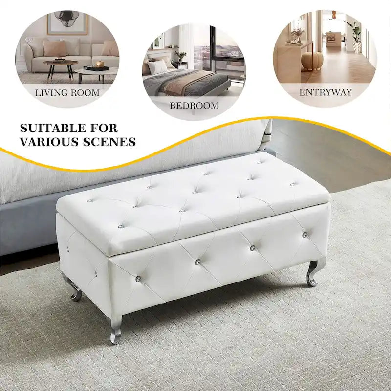 Upholstered Storage Ottoman Bench For Bedroom End Of Bed Faux Leather Rectangular Storage Benches Footrest With Crystal Buttons
