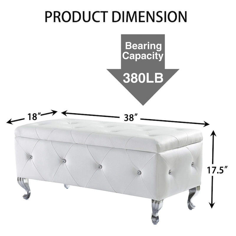 Upholstered Storage Ottoman Bench For Bedroom End Of Bed Faux Leather Rectangular Storage Benches Footrest With Crystal Buttons
