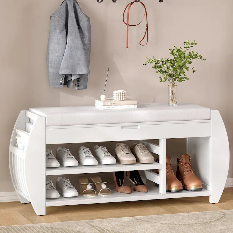 Retro Multifunctional Storage Bench with Cushion and Curved Side Panel for Entrance and Living Room