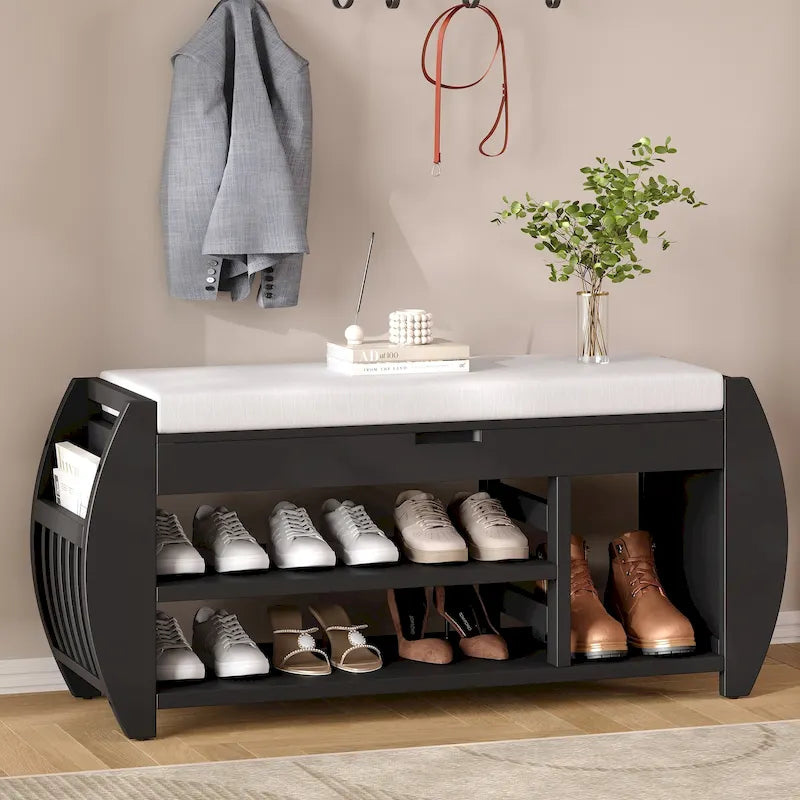 Retro Multifunctional Storage Bench with Cushion and Curved Side Panel for Entrance and Living Room