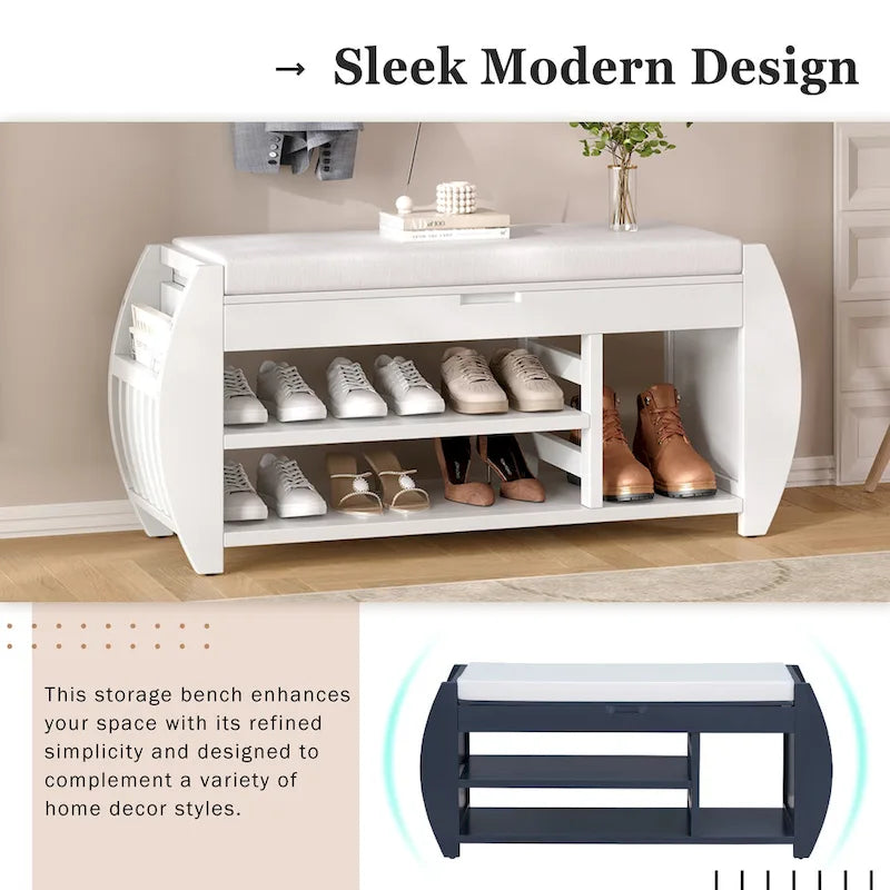 Retro Multifunctional Storage Bench with Cushion and Curved Side Panel for Entrance and Living Room
