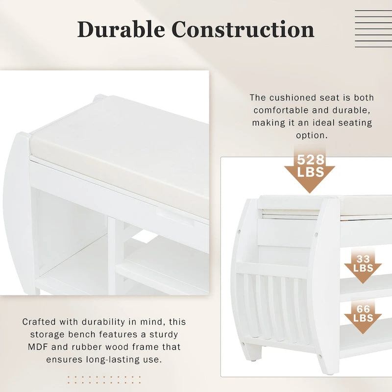 Retro Multifunctional Storage Bench with Cushion and Curved Side Panel for Entrance and Living Room