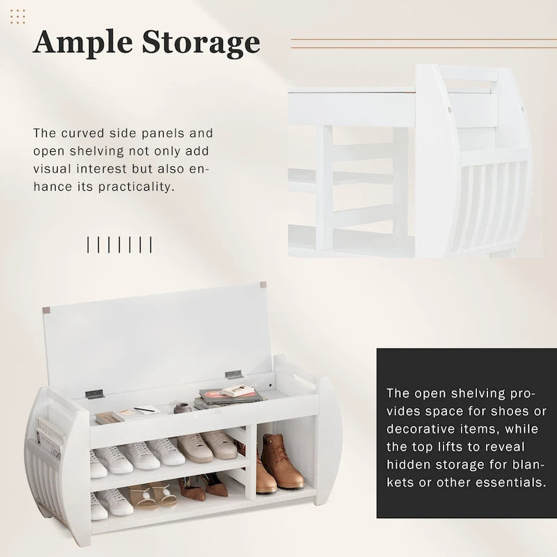 Retro Multifunctional Storage Bench with Cushion and Curved Side Panel for Entrance and Living Room