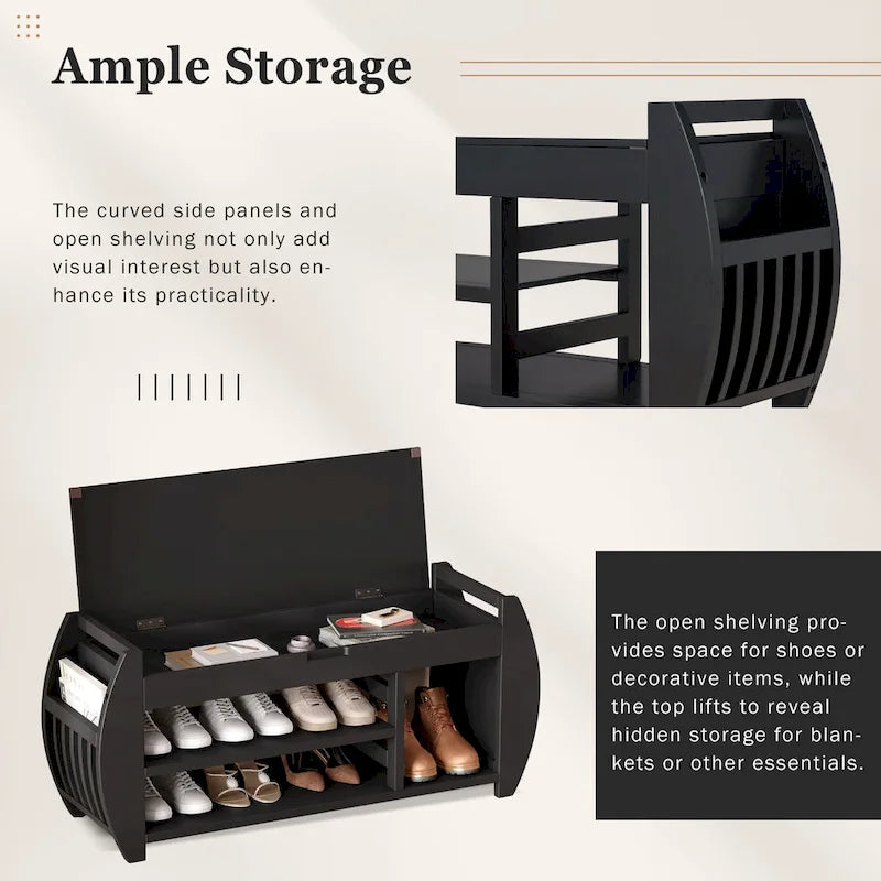 Retro Multifunctional Storage Bench with Cushion and Curved Side Panel for Entrance and Living Room