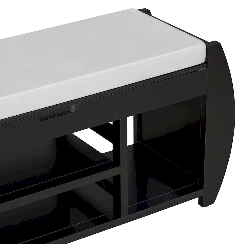 Retro Multifunctional Storage Bench with Cushion and Curved Side Panel for Entrance and Living Room