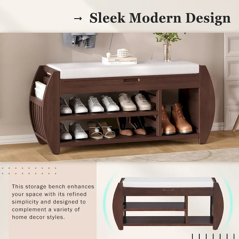 Retro Multifunctional Storage Bench with Cushion and Curved Side Panel for Entrance and Living Room