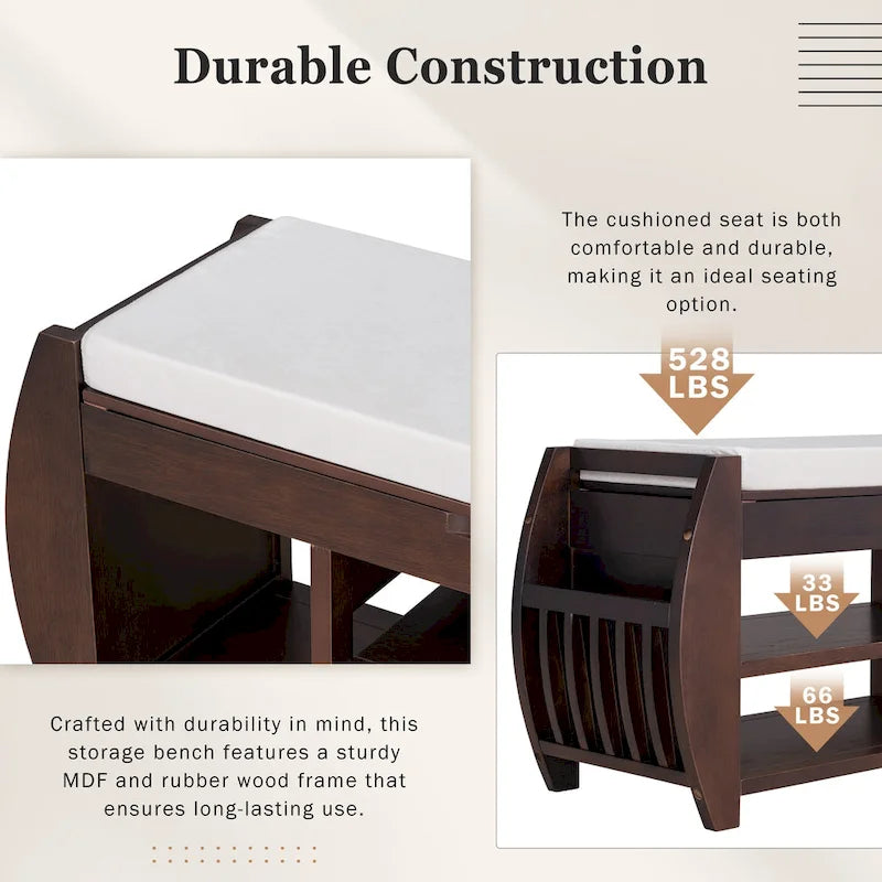 Retro Multifunctional Storage Bench with Cushion and Curved Side Panel for Entrance and Living Room