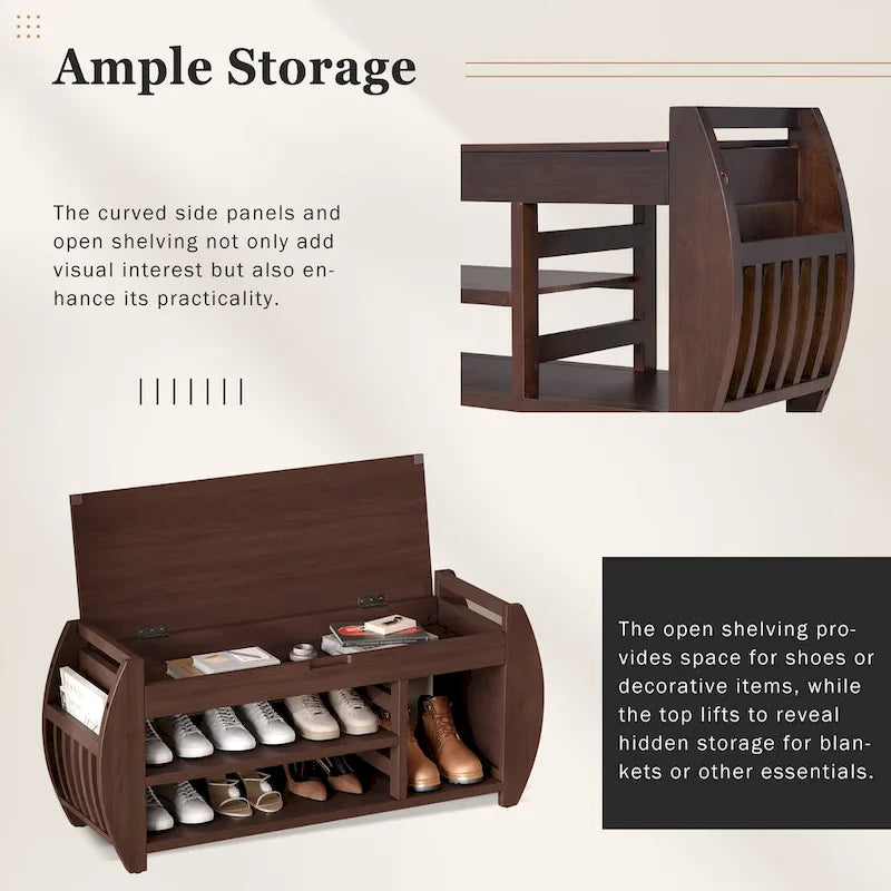 Retro Multifunctional Storage Bench with Cushion and Curved Side Panel for Entrance and Living Room