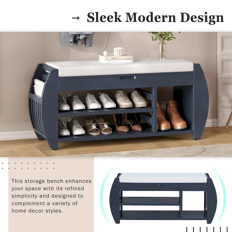 Retro Multifunctional Storage Bench with Cushion and Curved Side Panel for Entrance and Living Room