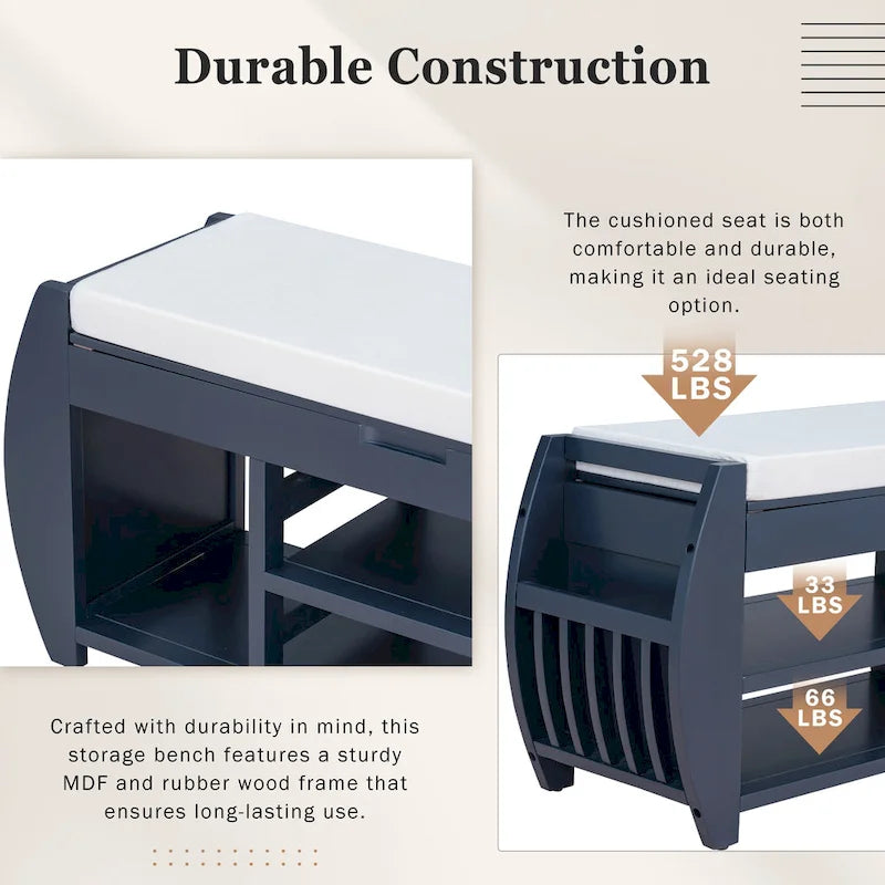 Retro Multifunctional Storage Bench with Cushion and Curved Side Panel for Entrance and Living Room