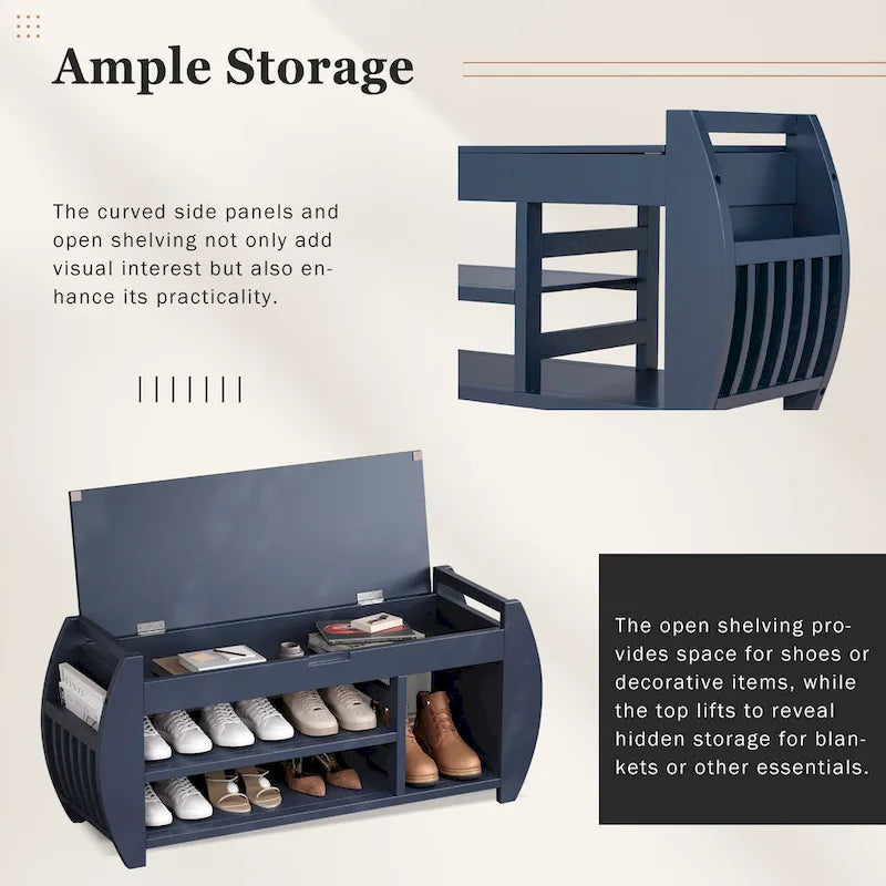 Retro Multifunctional Storage Bench with Cushion and Curved Side Panel for Entrance and Living Room