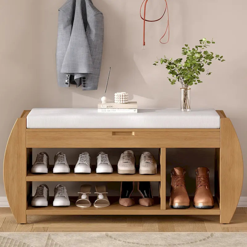 Retro Multifunctional Storage Bench with Cushion and Curved Side Panel for Entrance and Living Room