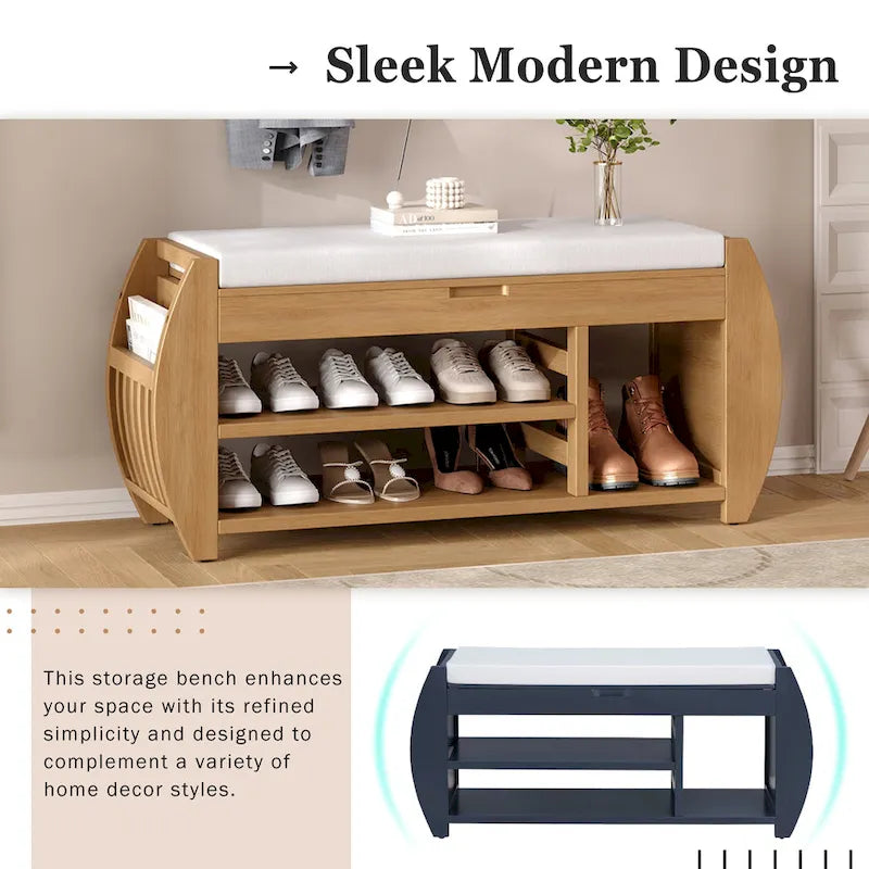 Retro Multifunctional Storage Bench with Cushion and Curved Side Panel for Entrance and Living Room