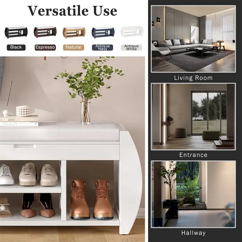 Retro Wood Storage Bench with Seat Cushion, Curved Shoe Rack for Entryway Hallway Antique