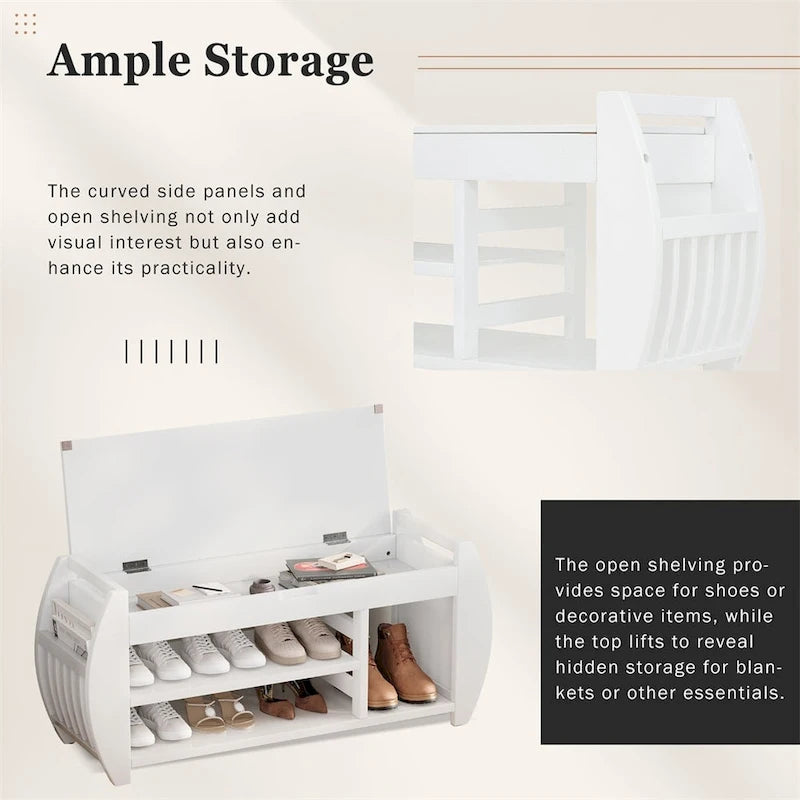 Retro Wood Storage Bench with Seat Cushion, Curved Shoe Rack for Entryway Hallway Antique