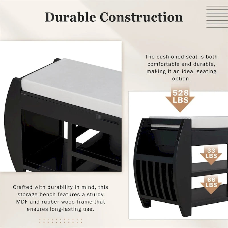 Retro Wood Storage Bench with Seat Cushion, Curved Shoe Rack for Entryway Hallway Antique