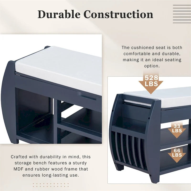 Retro Wood Storage Bench with Seat Cushion, Curved Shoe Rack for Entryway Hallway Antique