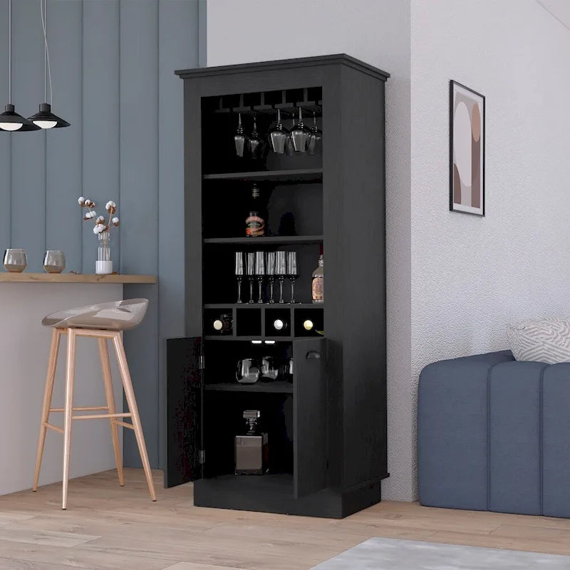 Bar Cabinet with 4-Bottle Rack, Glass Holder and Dual Door Design