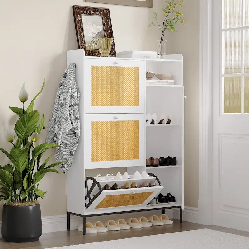 Rattan Shoe Cabinet with 3 Flip Drawers and 4-Tier
