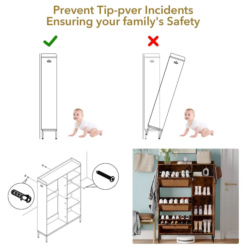 Rattan Shoe Cabinet with 3 Flip Drawers and 4-Tier