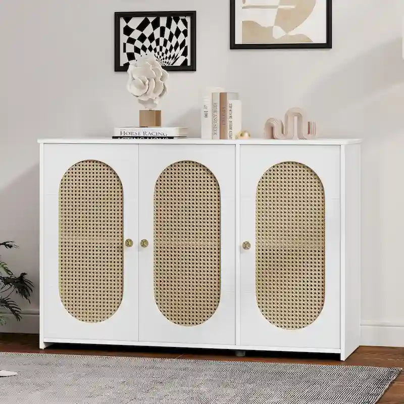 Retro 3-Door Sideboard with Artificial Rattan Doors, Metal Handles & Large Storage Space
