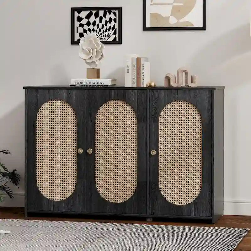 Retro 3-Door Sideboard with Artificial Rattan Doors, Metal Handles & Large Storage Space