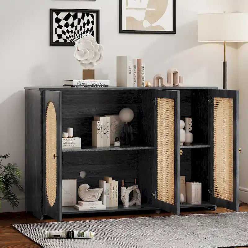 Retro 3-Door Sideboard with Artificial Rattan Doors, Metal Handles & Large Storage Space