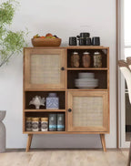 Rattan Buffet Cabinet with 2 Doors and 2 Cubbies-Natural - 31.5 x 11.5 x 38