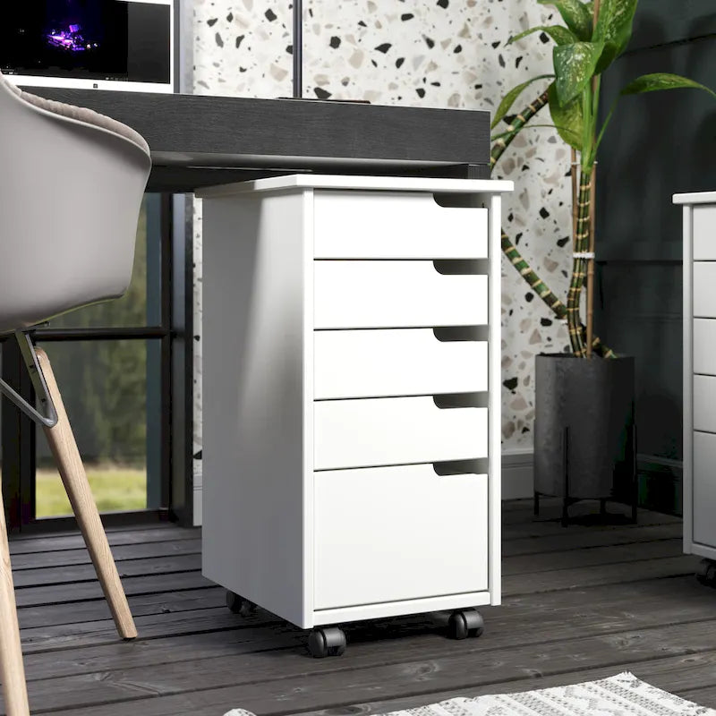 Solid Wood Euro Roll Cart with 4+1 Extra Wide Drawers - White