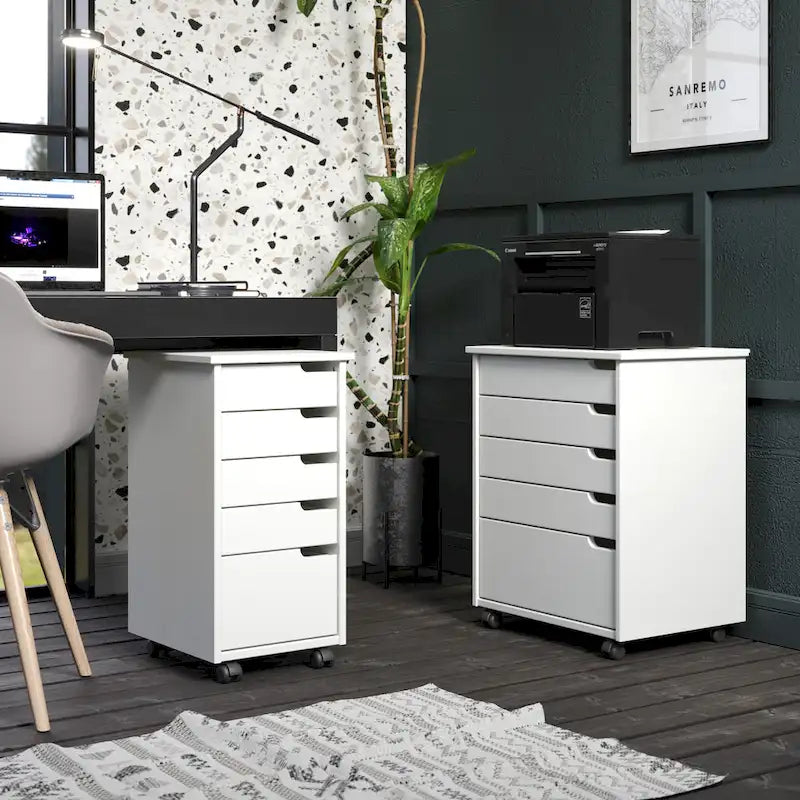 Solid Wood Euro Roll Cart with 4+1 Extra Wide Drawers - White