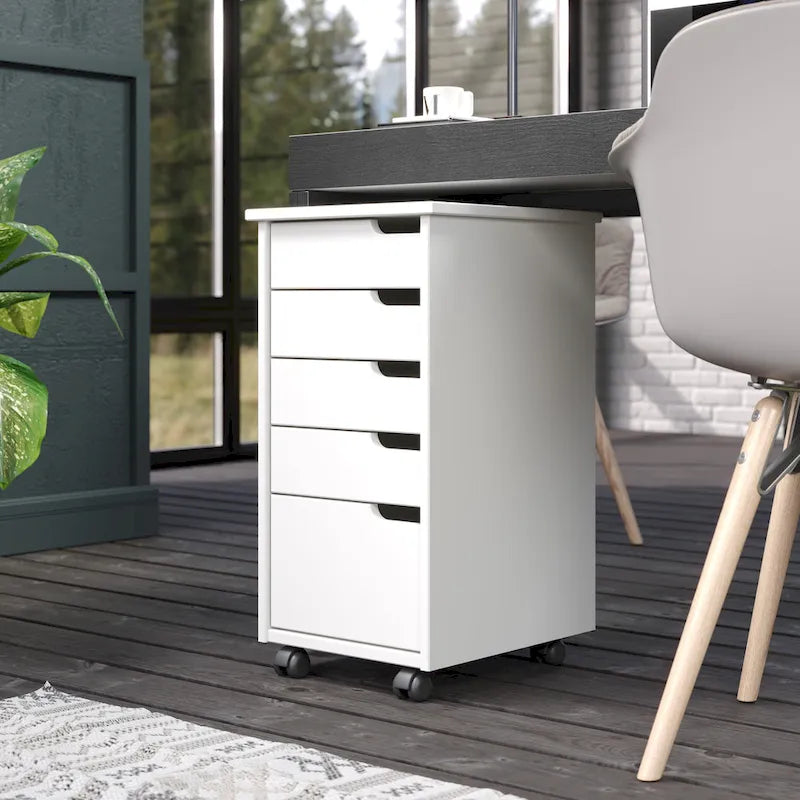 Solid Wood Euro Roll Cart with 4+1 Extra Wide Drawers - White