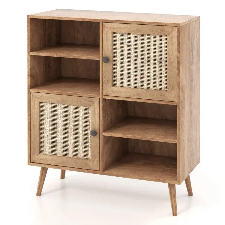 Rattan Buffet Cabinet with 2 Doors and 2 Cubbies-Natural - 31.5 x 11.5 x 38