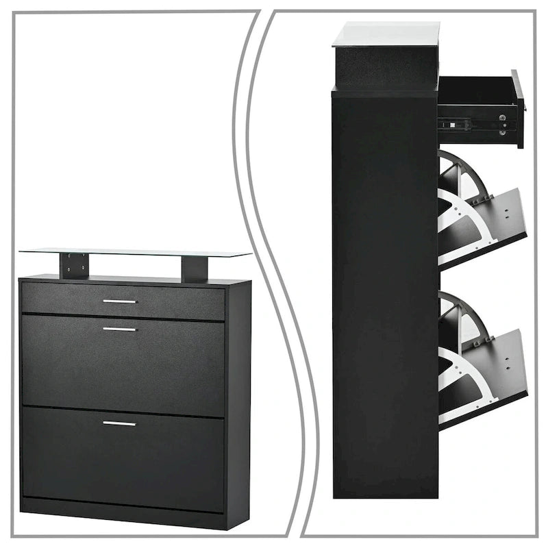 Wooden Shoe Storage Cabinet with Glass Top and LED Light Clamps