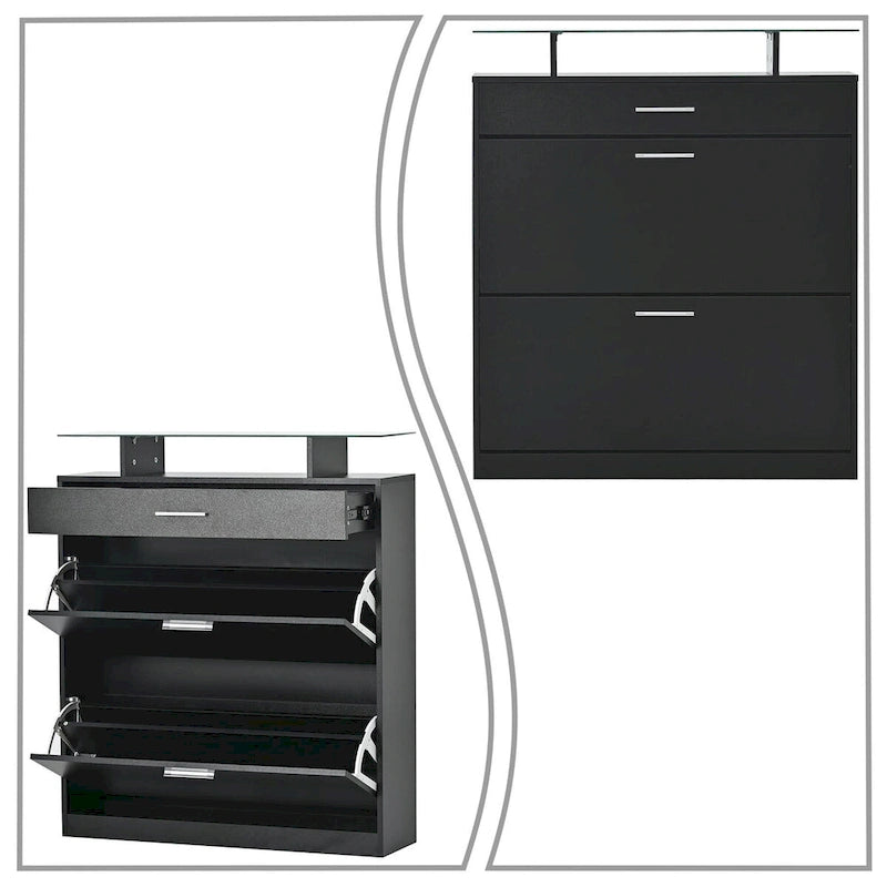 Wooden Shoe Storage Cabinet with Glass Top and LED Light Clamps