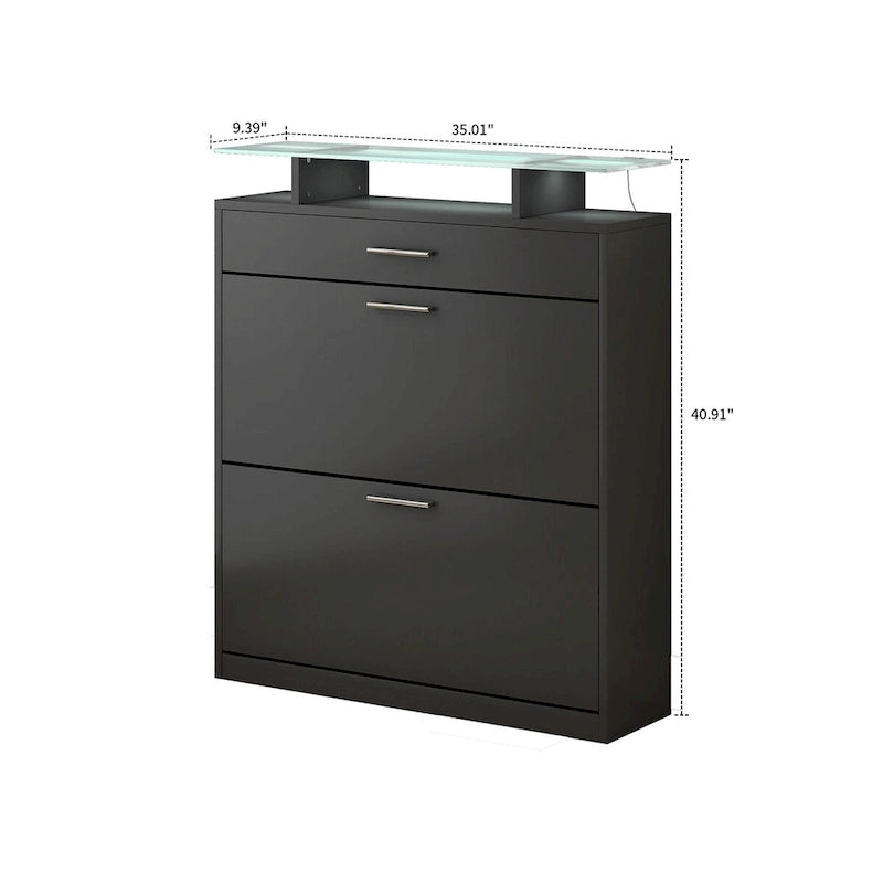 Wooden Shoe Storage Cabinet with Glass Top and LED Light Clamps