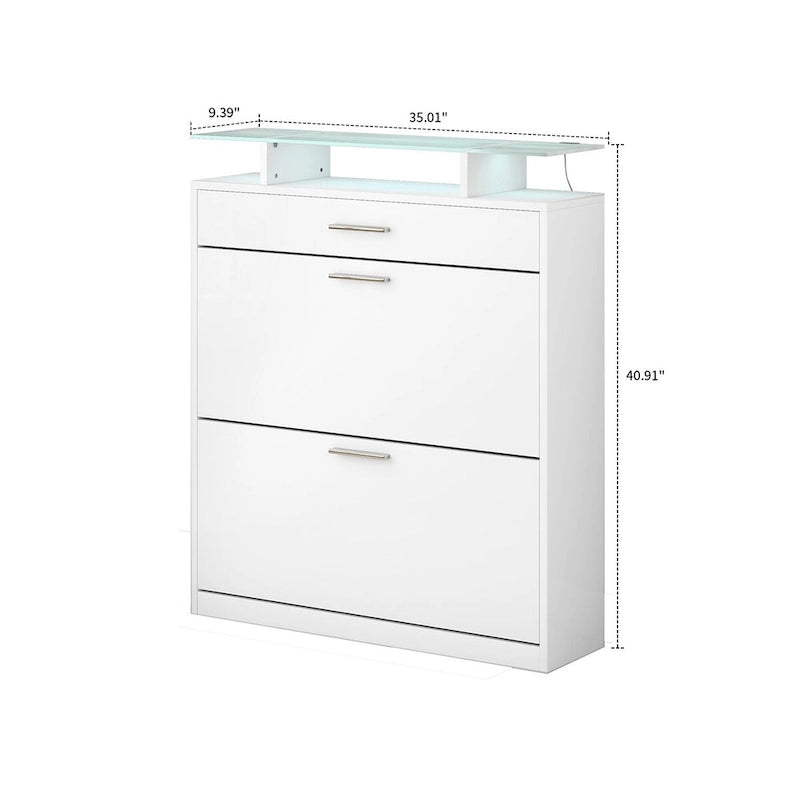 Wooden Shoe Storage Cabinet with Glass Top and LED Light Clamps