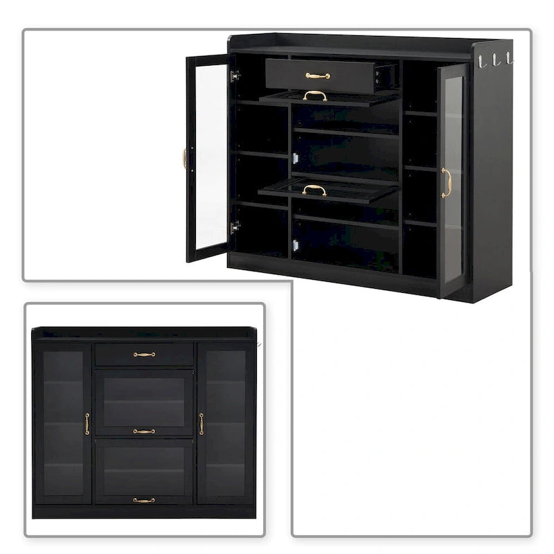 Elegant Wooden Shoe Storage Cabinet with Gold Metal Handles