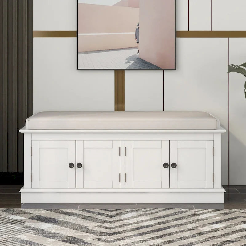 Storage Bench with 4 Doors and Adjustable Shelves, Shoe Bench with Removable Cushion for Living Room, Entryway