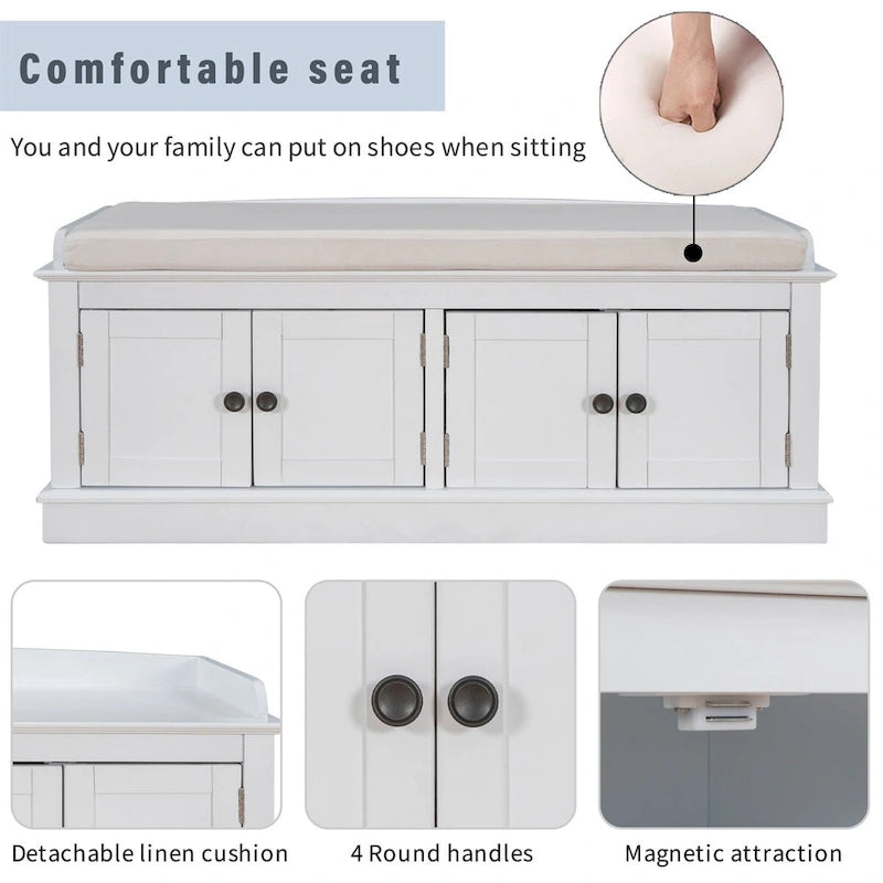 Storage Bench with 4 Doors and Adjustable Shelves, Shoe Bench with Removable Cushion for Living Room, Entryway