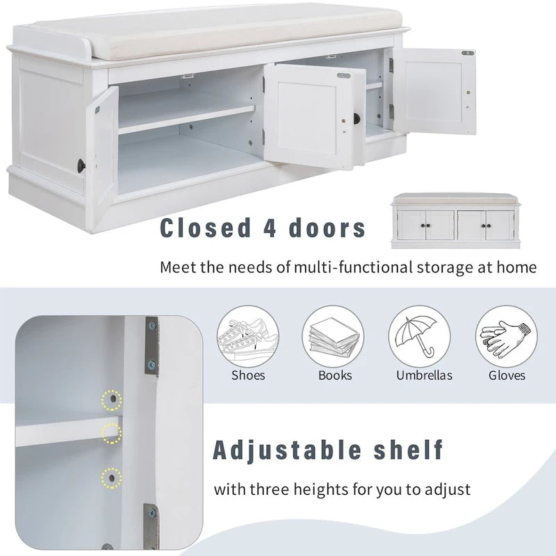 Storage Bench with 4 Doors and Adjustable Shelves, Shoe Bench with Removable Cushion for Living Room, Entryway