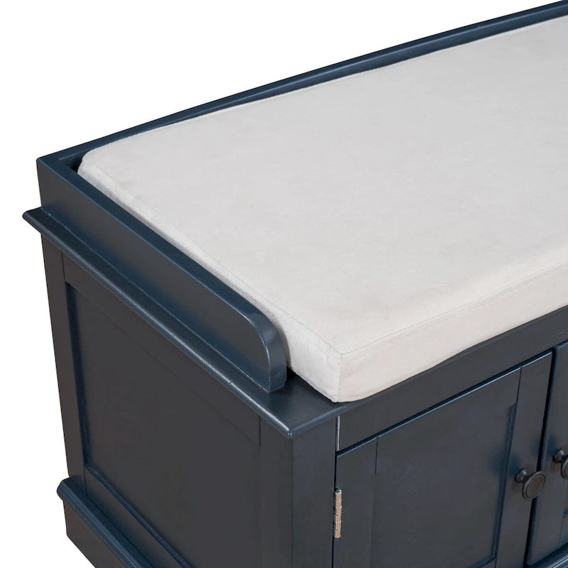 Storage Bench with 4 Doors and Adjustable Shelves, Shoe Bench with Removable Cushion for Living Room, Entryway