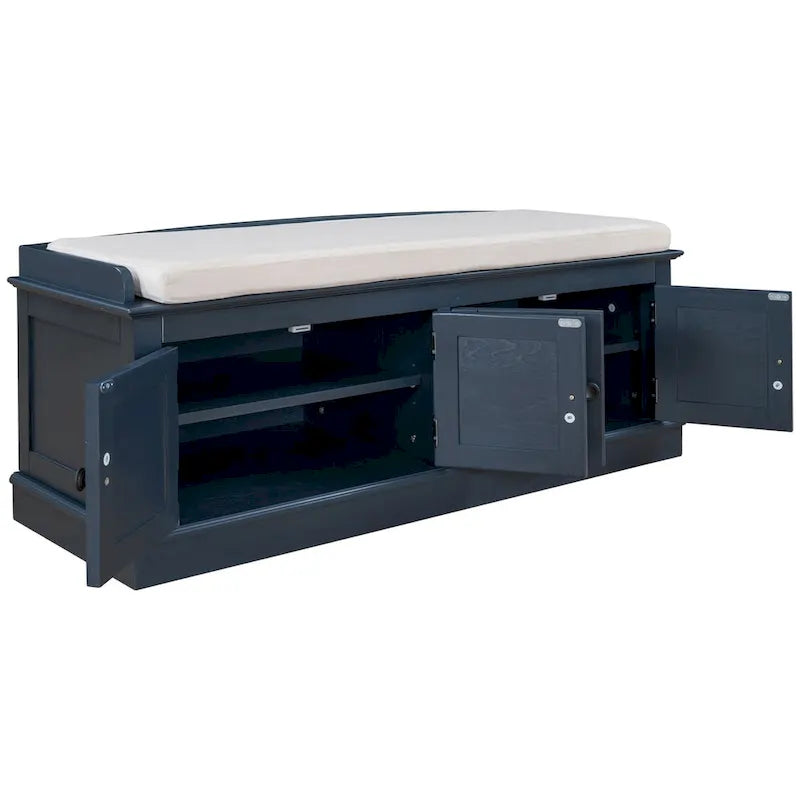 Storage Bench with 4 Doors and Adjustable Shelves, Shoe Bench with Removable Cushion for Living Room, Entryway