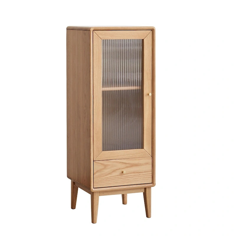 Solid Oak Storage Cabinet, Free-Standing Corner Storage Table with Vintage Glass Door,2 Shelves,1 Drawers & Brass Handle