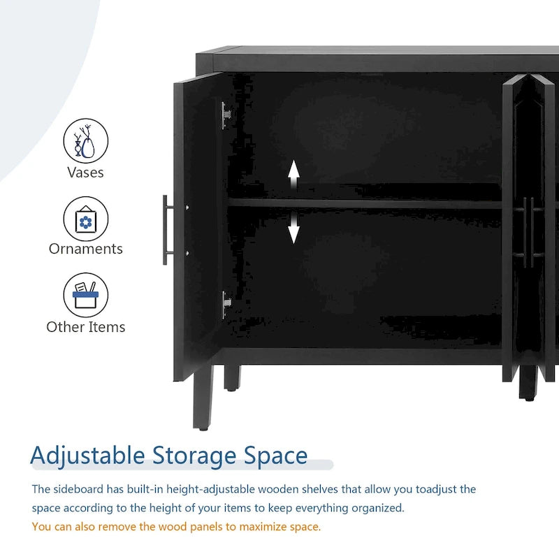 Four Door Wooden Twill Sideboard American Country Vintage Old Living Room Dining Room Hallway Entryway Cabinet (BLACK)