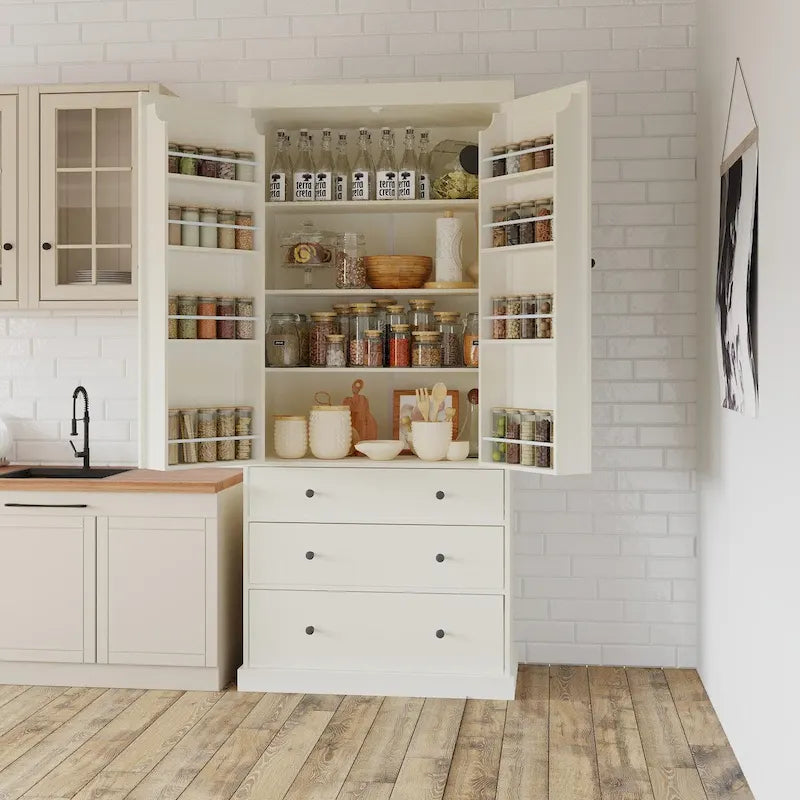 77inch Kitchen Pantry,Freestanding Tall Cupboard Storage Cabinet with 3 Adjustable Shelves,8 Door Shelves,3 Drawers