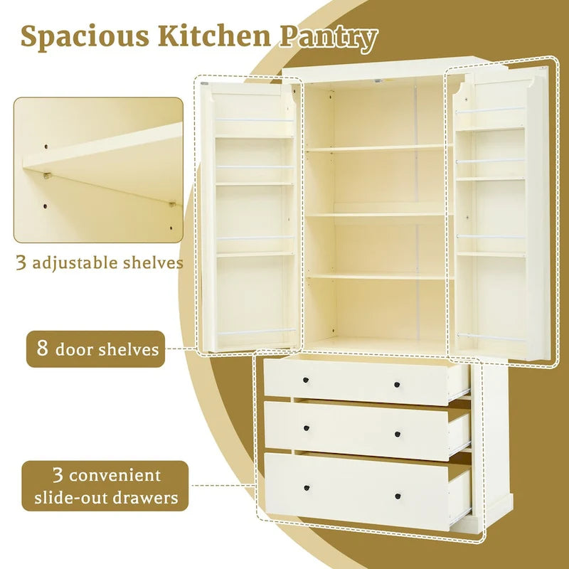 77inch Kitchen Pantry,Freestanding Tall Cupboard Storage Cabinet with 3 Adjustable Shelves,8 Door Shelves,3 Drawers