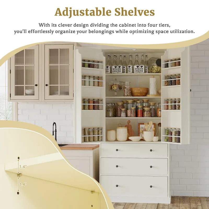 77inch Kitchen Pantry,Freestanding Tall Cupboard Storage Cabinet with 3 Adjustable Shelves,8 Door Shelves,3 Drawers