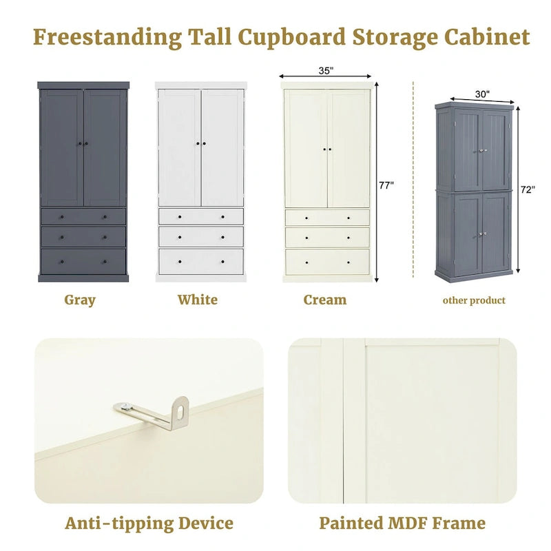 77inch Kitchen Pantry,Freestanding Tall Cupboard Storage Cabinet with 3 Adjustable Shelves,8 Door Shelves,3 Drawers